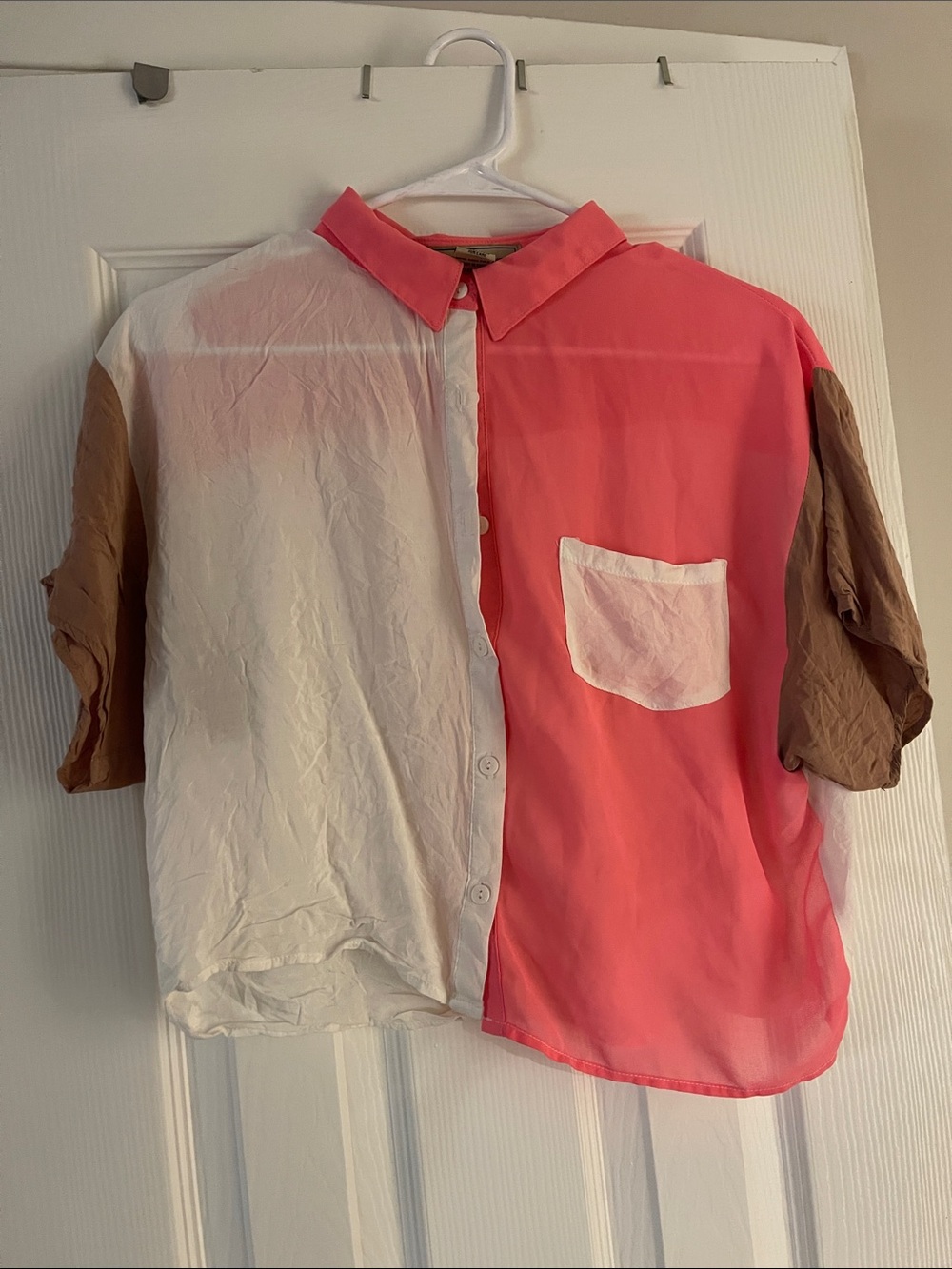 Source Unknown Colorblock Short-Sleeve Button-Up Shirt - Pink/White/Brown